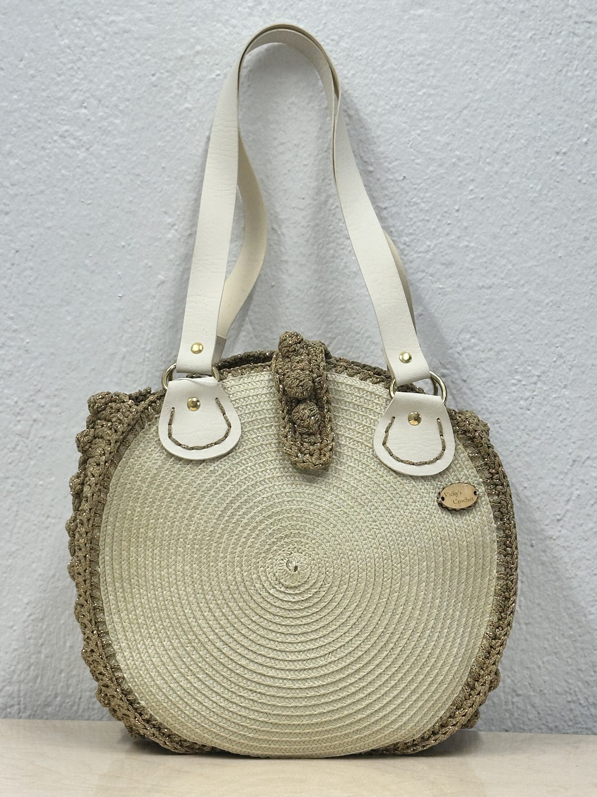 Χειροποίητη Πλεκτή Τσάντα με Δερμάτινα Λουράκια