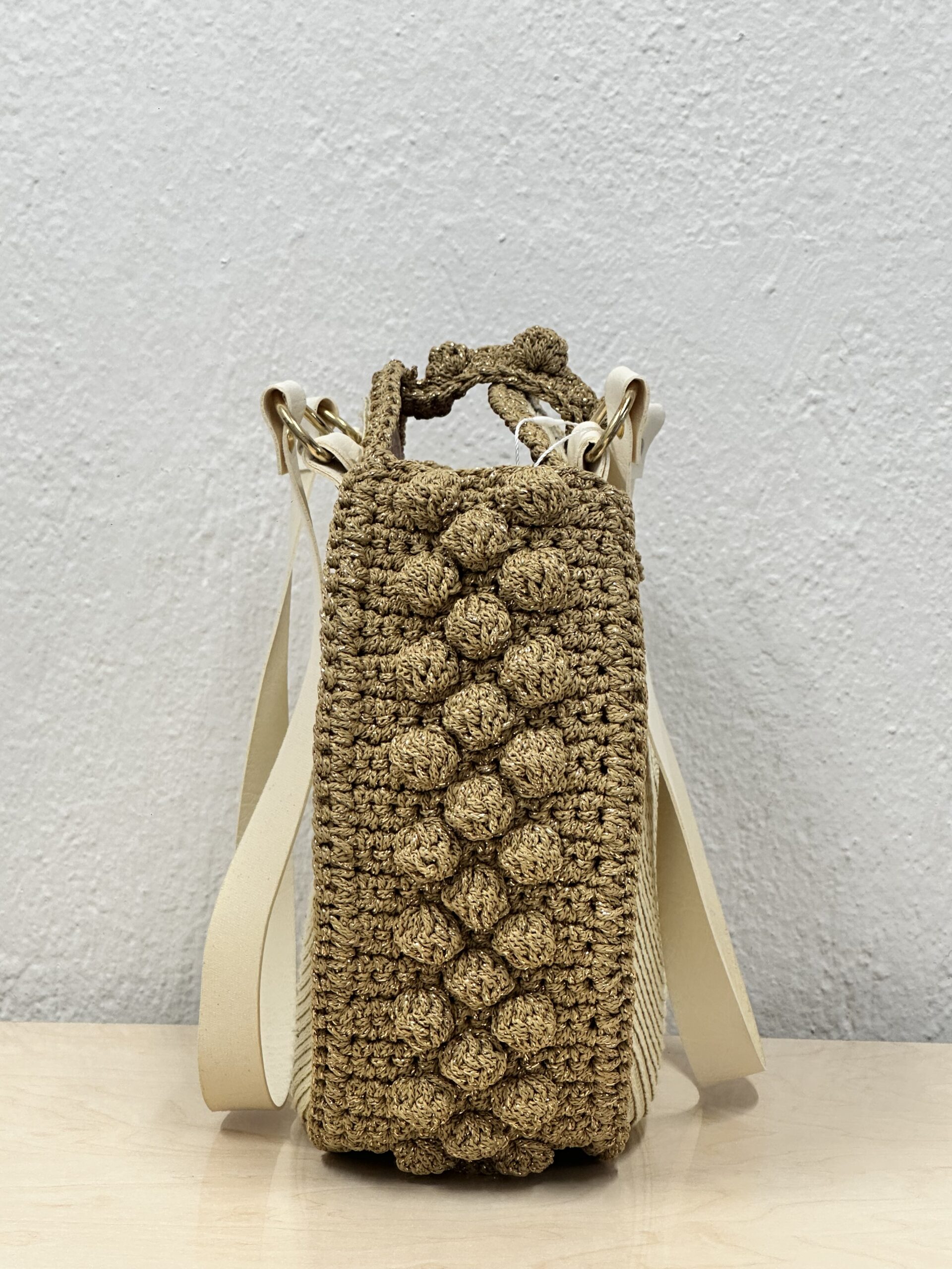 Χειροποίητη Πλεκτή Τσάντα με Δερμάτινα Λουράκια - Image 2