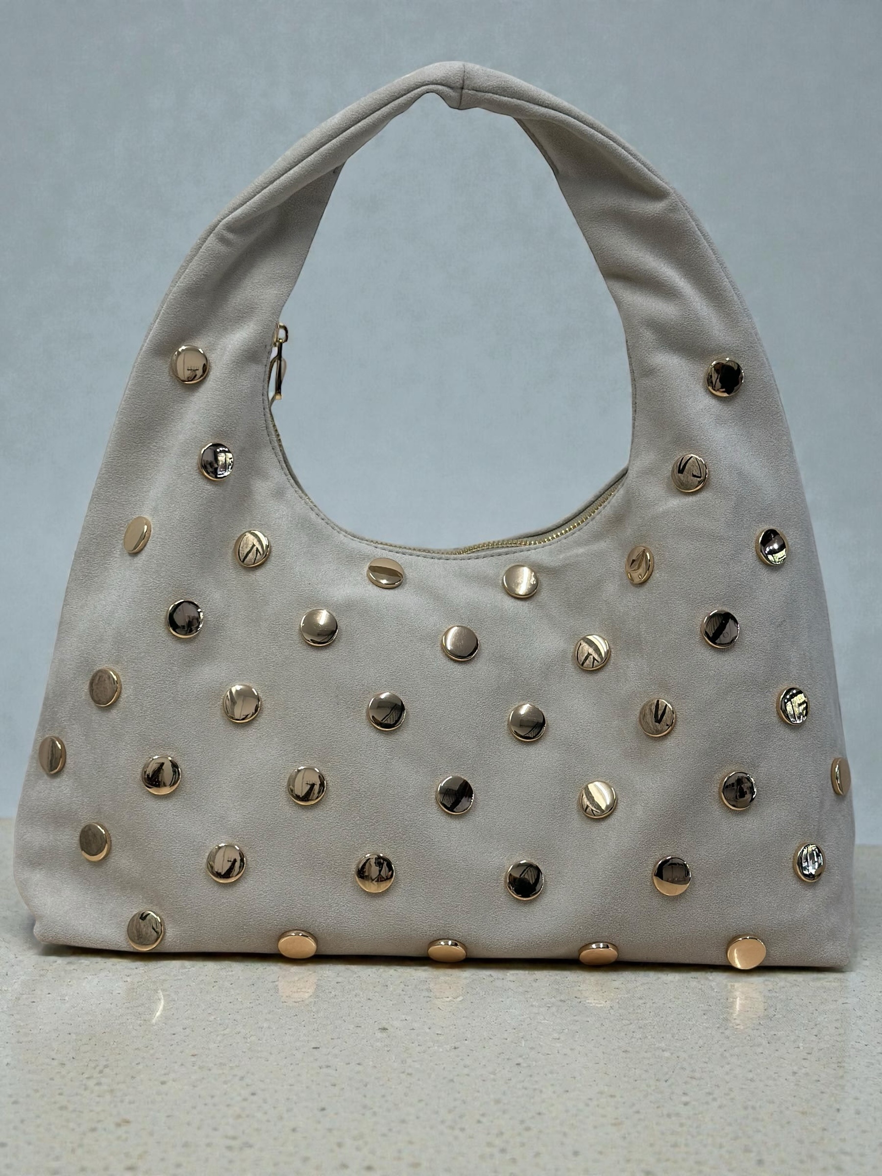 Studded Suede Hobo Bag Creamy Beige
